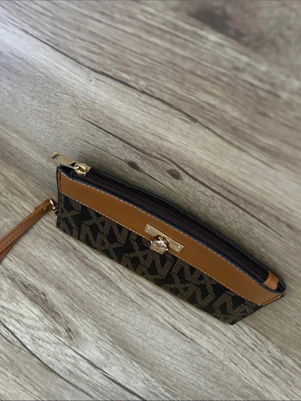 Tan and Black Patterned Wristlet Clutch